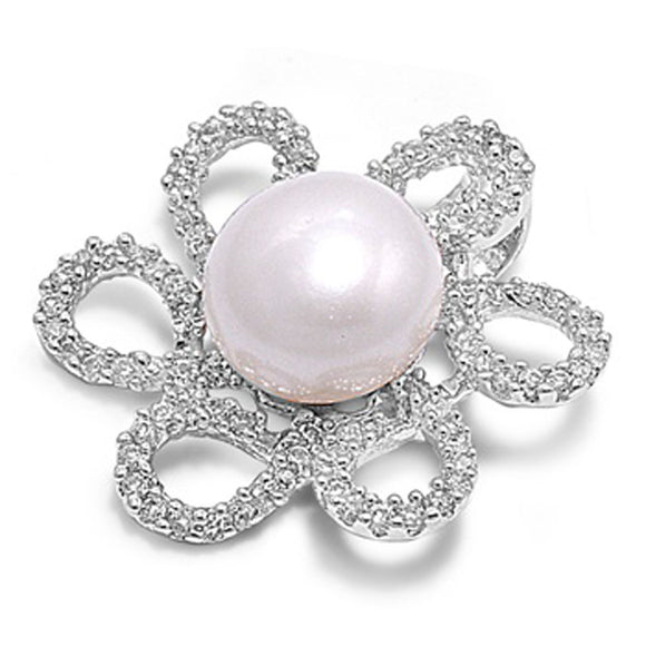 Filigree Swirl Flower Pendant Simulated Pearl .925 Sterling Silver Spiral Charm