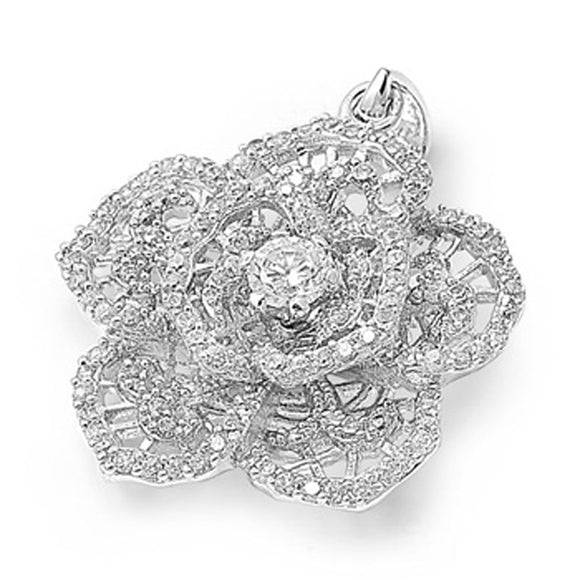 Ornate Cluster Flower Pendant Clear Simulated CZ .925 Sterling Silver Charm