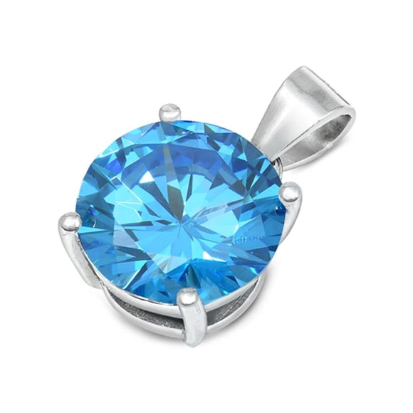 Solitaire Elegant Circle Pendant Blue Simulated Topaz .925 Sterling Silver Charm