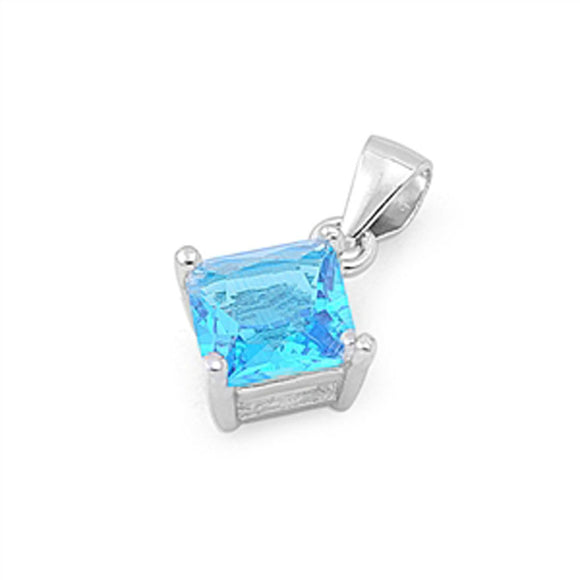 Solitaire Simple Square Pendant Blue Simulated Topaz .925 Sterling Silver Charm
