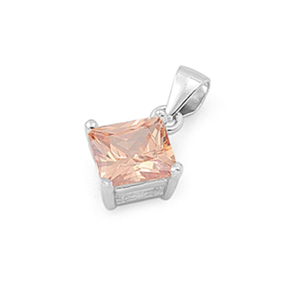 Sterling Silver Solitaire Elegant Square Pendant Champagne Simulated CZ Charm