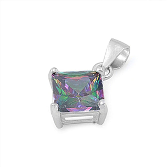 Sterling Silver Solitaire Elegant Square Pendant Rainbow Simulated Topaz Charm