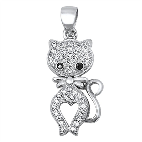 Cute Studded Cat Pendant Clear Simulated CZ .925 Sterling Silver Cluster Charm