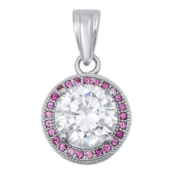 Elegant Studded Round Pendant Clear Simulated CZ .925 Sterling Silver Charm