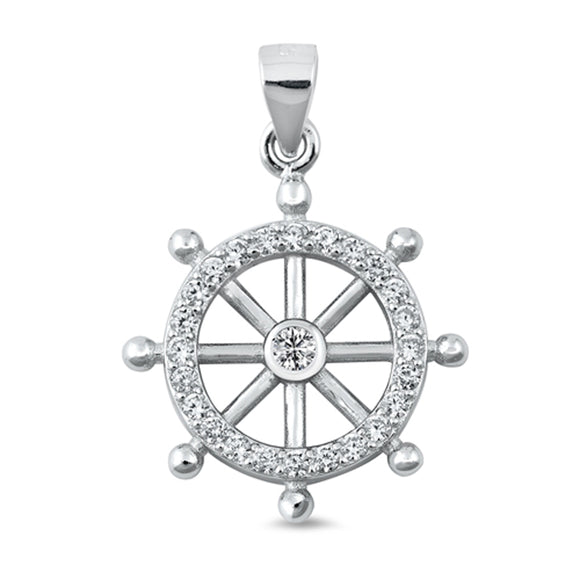 Sterling Silver Clear CZ Captains Wheel Pendant Nautical Pirate Ship Charm 925