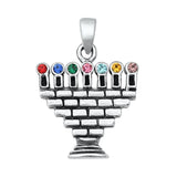Sterling Silver Multicolor CZ Rainbow Candle Pendant Jewish Menorah Charm 925