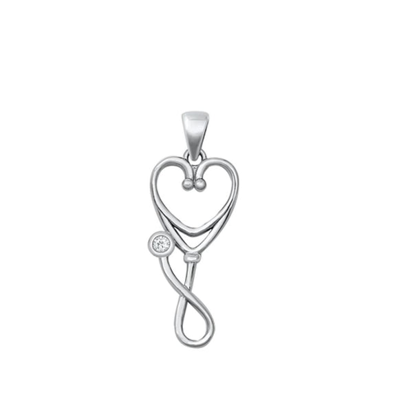 Sterling Silver Polished Clear CZ Heart Stethoscope Pendant Nurse Doctor Charm