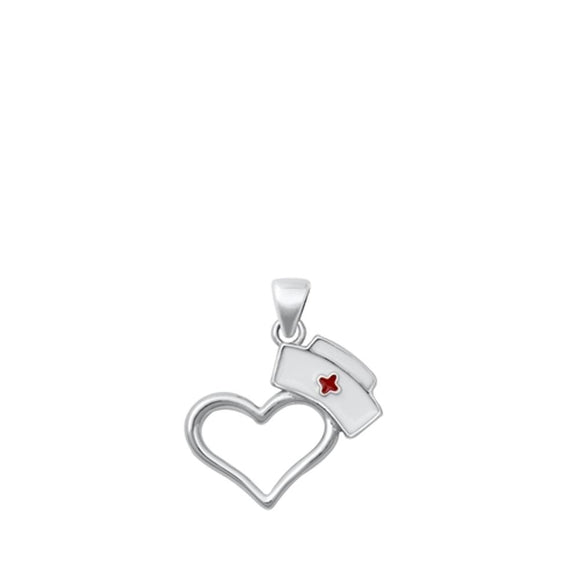 Sterling Silver Polished Nurse Hat Heart Pendant Medical Field Love Charm 925