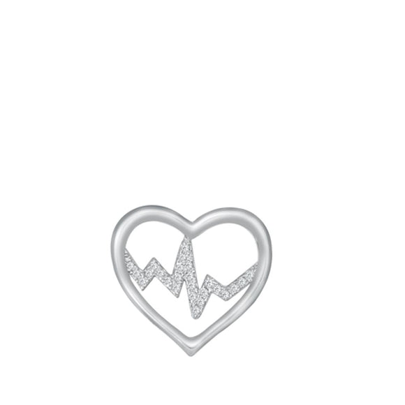 Sterling Silver Polished Clear CZ Heart Lifeline Pendant EKG Love Rhythm Charm