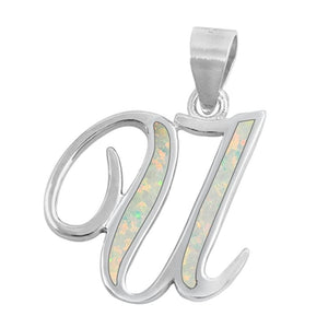 Sterling Silver Wholesale White Synthetic Opal Initial "U" Pendant Script Charm