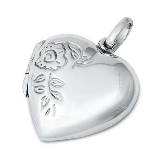 Sterling Silver Cute Heart Locket Pendant Flower Leaf Embossed Detail Charm 925