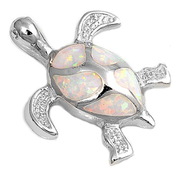Sterling Silver Ocean Tropical Swimming Turtle Pendant White Simulated Opal