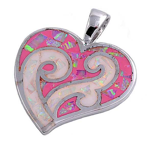 Sterling Silver Pink Synthetic Opal Mosaic Heart Pendant Love Swirl Charm 925