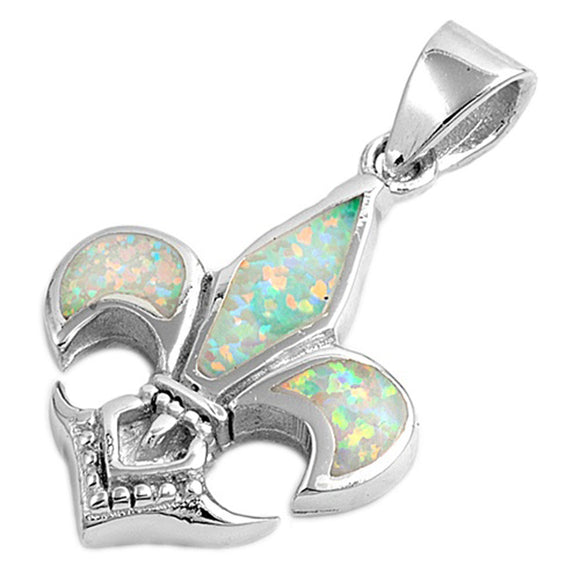 Sterling Silver French Classic Fleur De Lis Pendant White Simulated Opal Charm