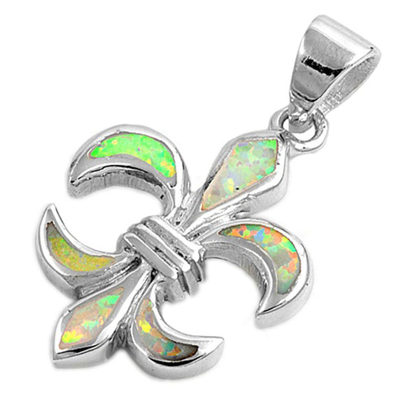 French Fleur De Lis Pendant White Simulated Opal .925 Sterling Silver Lily Charm