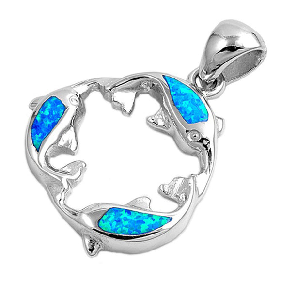 Loop Triple Dolphin Hoop Pendant Blue Simulated Opal .925 Sterling Silver Charm