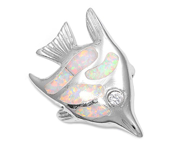 Sterling Silver Tropical Swimming Angel Fish Pendant White Simulated Opal Charm