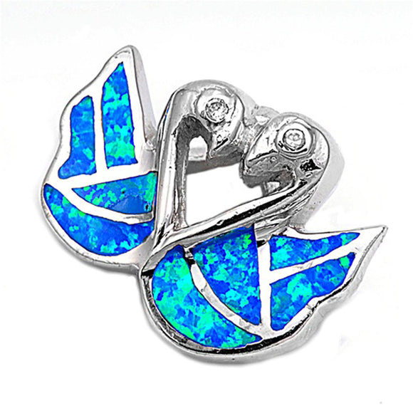 Double Swan Heart Pendant Blue Simulated Opal .925 Sterling Silver Bird Charm