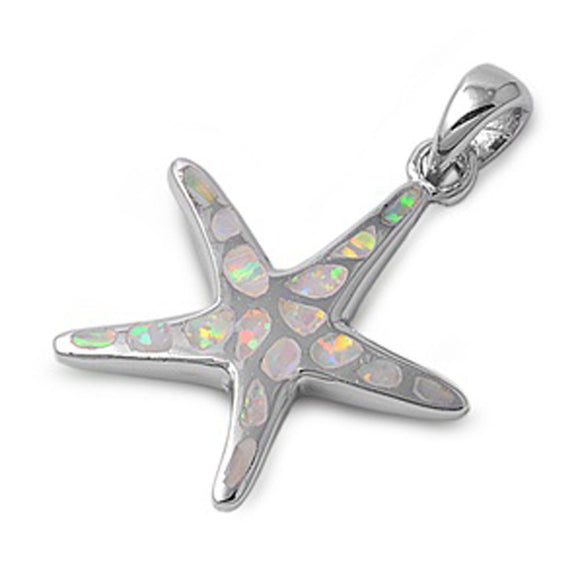 Elegant Mosaic Starfish Pendant White Simulated Opal .925 Sterling Silver Charm