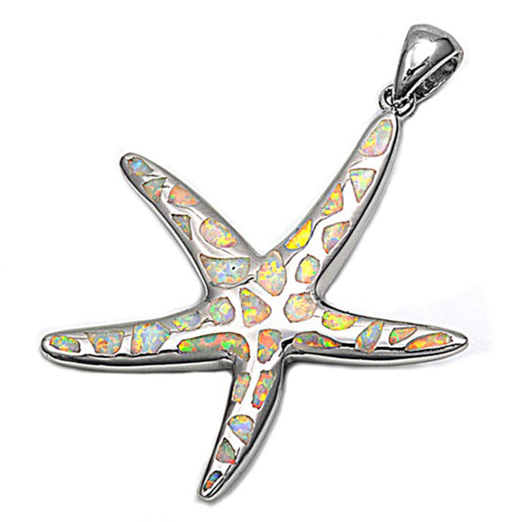 Sterling Silver Elongated Geometric Starfish Pendant White Simulated Opal Charm
