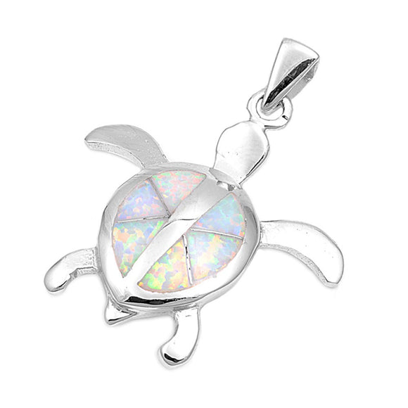 Sterling Silver Triangle Shell Beach Turtle Pendant White Simulated Opal Charm