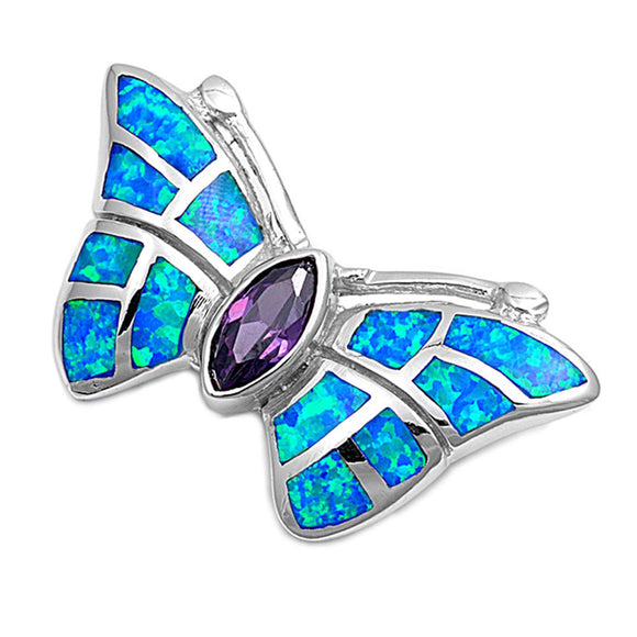 Ornate Sparkly Butterfly Pendant Blue Simulated Opal .925 Sterling Silver Charm