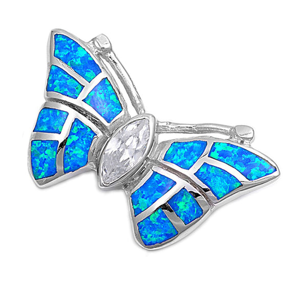 Elegant Mosaic Butterfly Pendant Blue Simulated Opal .925 Sterling Silver Charm
