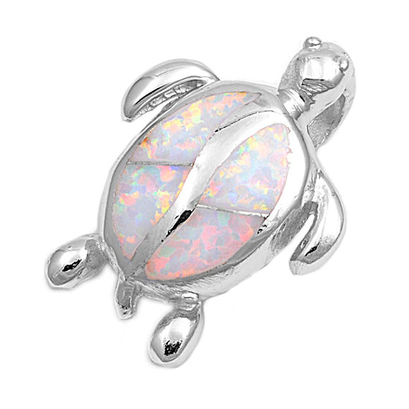 Shiny Ocean Turtle Pendant White Simulated Opal .925 Sterling Silver Sea Charm