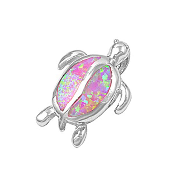 Cute Tropical Turtle Pendant Pink Simulated Opal .925 Sterling Silver Sea Charm
