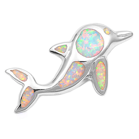 Cute Ocean Dolphin Pendant White Simulated Opal .925 Sterling Silver Sea Charm