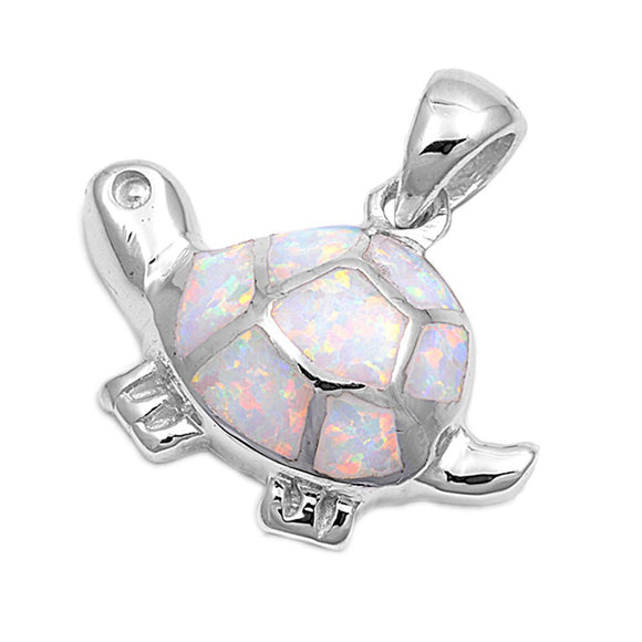 Pet Cute Mosaic Turtle Pendant White Simulated Opal .925 Sterling Silver Charm
