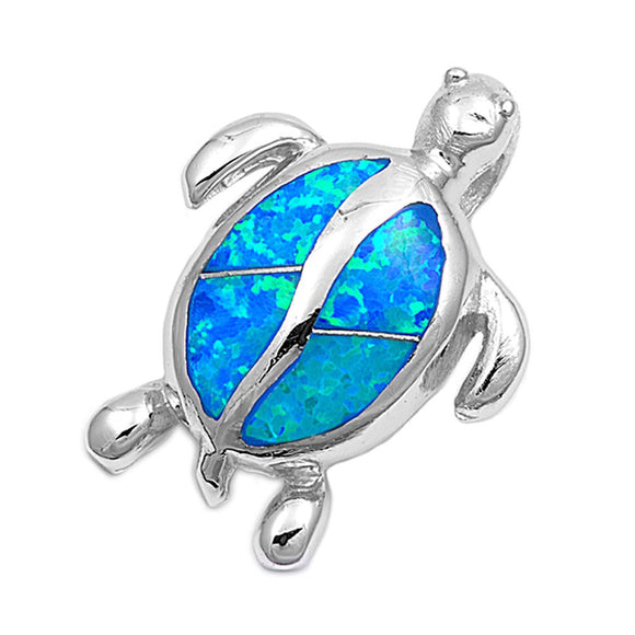 High Polish Sea Turtle Pendant Blue Simulated Opal .925 Sterling Silver Charm