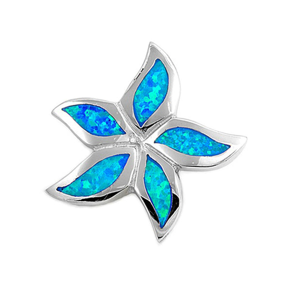 Wispy Floral Star Pendant Blue Simulated Opal .925 Sterling Silver Flower Charm