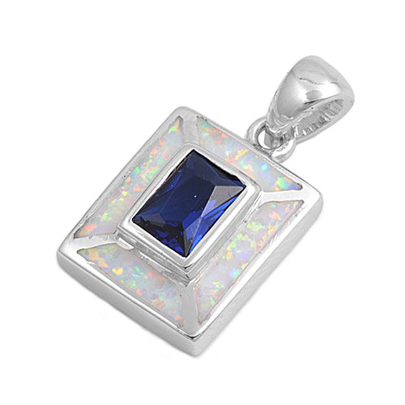 Sterling Silver Elegant Rectangle Box Pendant Blue Simulated Sapphire Charm