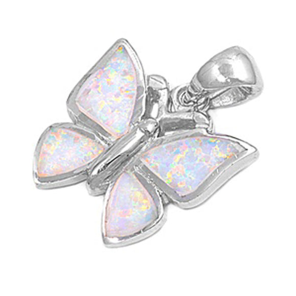 Sterling Silver Elegant Sparkly Butterfly Pendant White Simulated Opal Charm