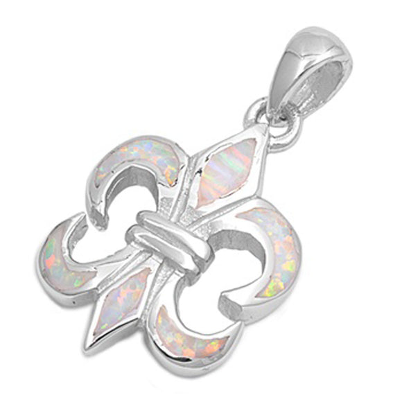 Sterling Silver Traditional Fleur De Lis Pendant White Simulated Opal Charm