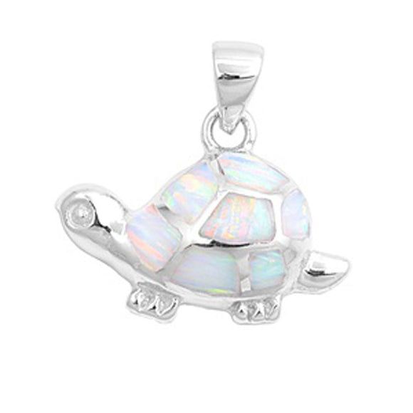 Cute Little Turtle Pendant White Simulated Opal .925 Sterling Silver Pet Charm