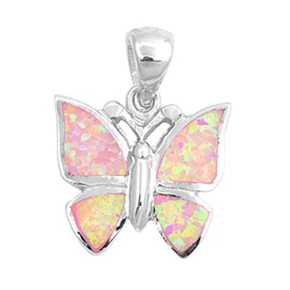 Sparkly Butterfly Pendant Pink Simulated Opal .925 Sterling Silver Animal Charm