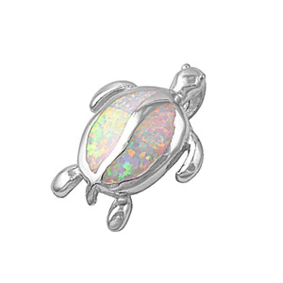 Sterling Silver Split Shell Mosaic Turtle Pendant White Simulated Opal Charm