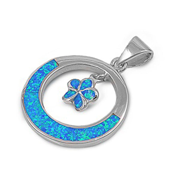 Dangling Plumeria Flower Pendant Blue Simulated Opal .925 Sterling Silver Charm