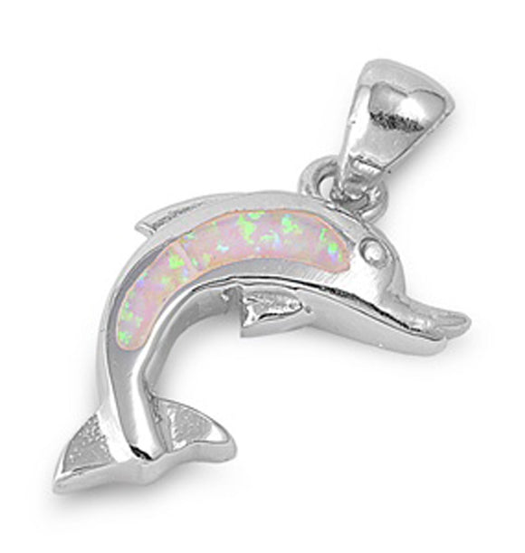 Cute Arched Dolphin Pendant White Simulated Opal .925 Sterling Silver Charm