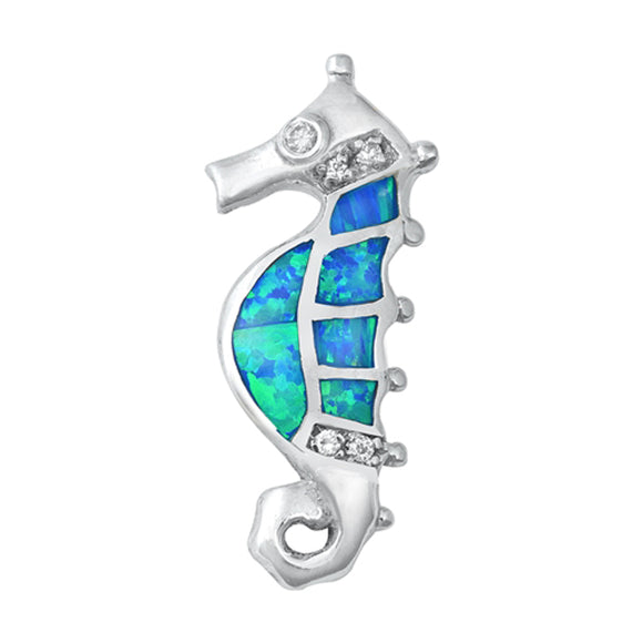 Sterling Silver Cute Blue Opal Seahorse Clear CZ Pendant Ocean Charm 925 New