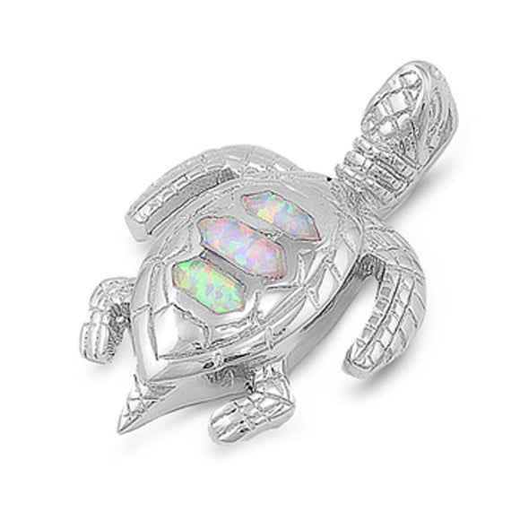 Cross-Hatch Sea Turtle Pendant White Simulated Opal .925 Sterling Silver Charm