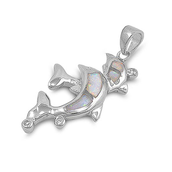 Double Jumping Dolphin Pendant White Simulated Opal .925 Sterling Silver Charm