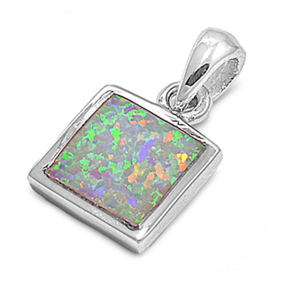 Classic Sparkly Square Pendant White Simulated Opal .925 Sterling Silver Charm