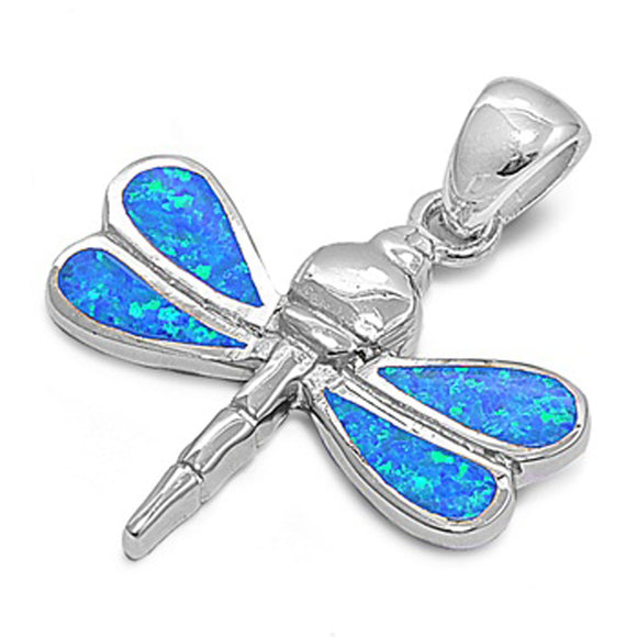 Sterling Silver Classic Teardrop Dragonfly Pendant Blue Simulated Opal Charm