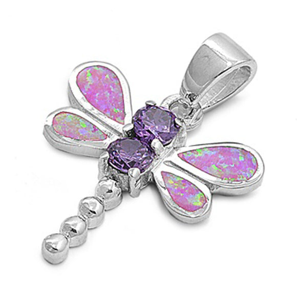 Ornate Elegant Dragonfly Pendant Pink Simulated Opal .925 Sterling Silver Charm