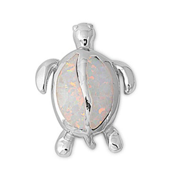 Sterling Silver Simple Split Shell Turtle Sea White Simulated Opal Pendant Charm