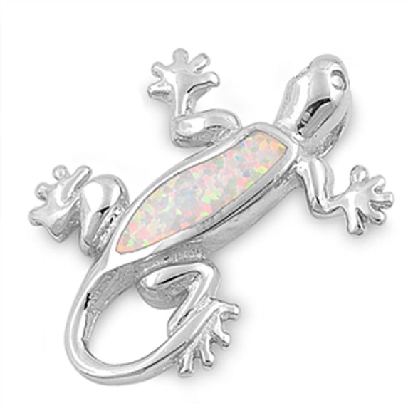 Gecko Lizard Pendant White Simulated Opal .925 Sterling Silver Animal Charm