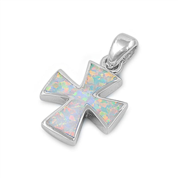 Tapered Biker Cross Pendant White Simulated Opal .925 Sterling Silver Charm